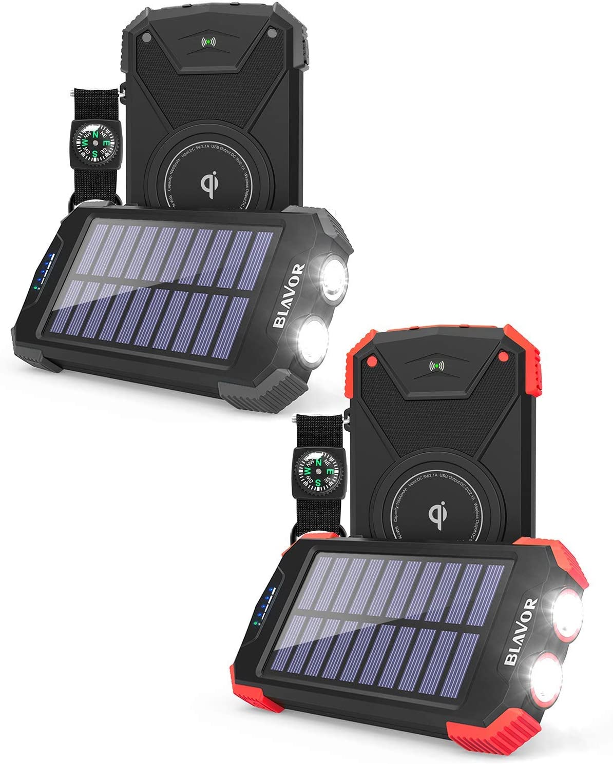 10,000mAh Solar Phone Charger with Dual Flashlight and Qi Wireless Charging, Poratble Power Bank Set of Two (Red and Black)