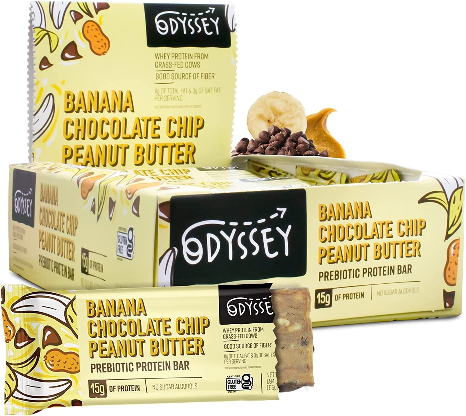 Odyssey Snacks, Prebiotic Gluten Free Protein Bars, Banana Chocolate Chip Peanut Butter 12 Pack, 15g of Whey Protein, Organic Protein Bars, Low Sugar, Low Carb, Non-GMO, Soy Free, No Sugar Alcohols