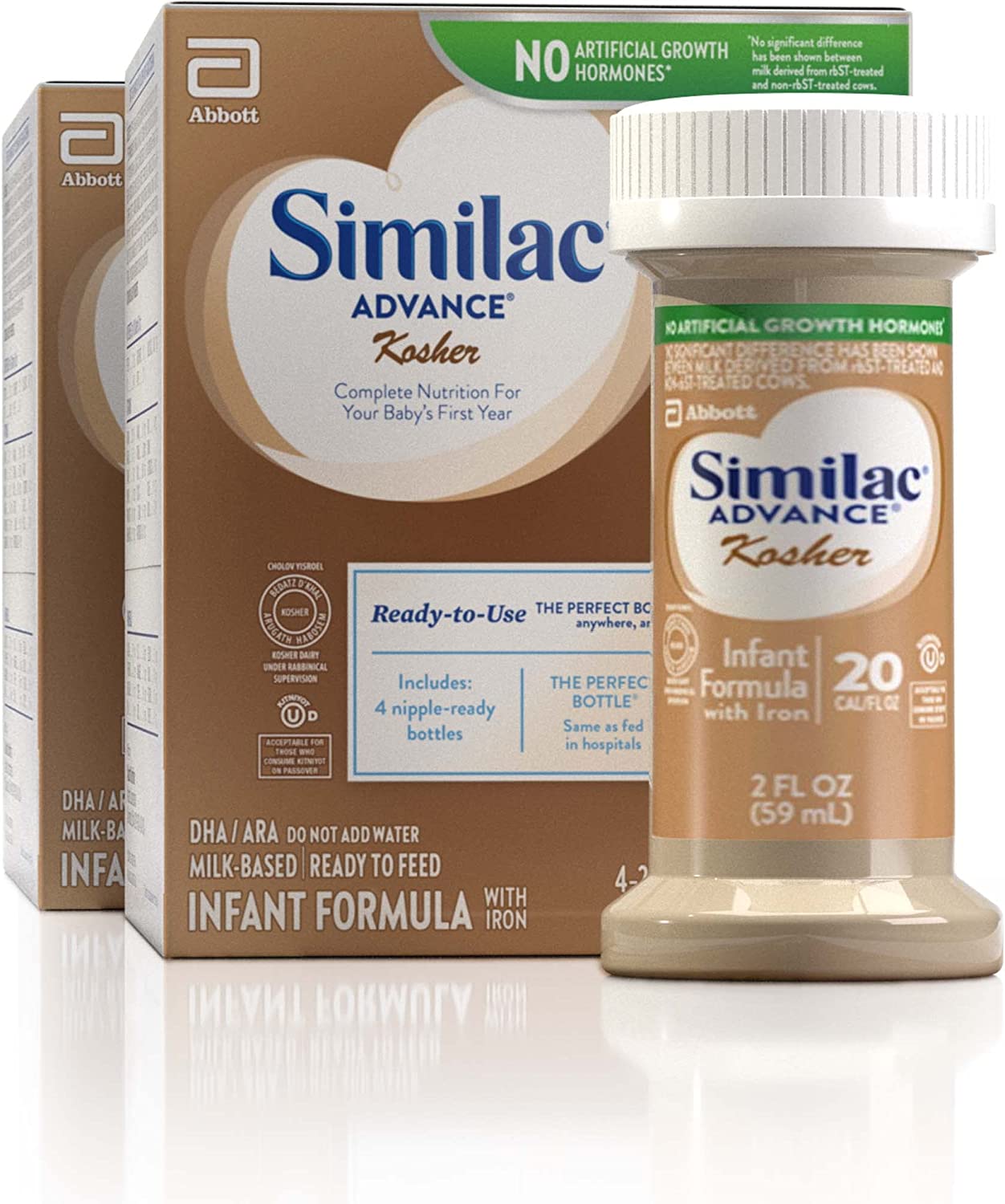 Similac Advance Kosher Infant Formula with Iron, 2 Fl OZ – 4 Bottles (2 Pack = 8 Bottles) Milk Based, Ready To Feed, Resealable Bottle, Cholov Yisroel, (0-12 Months)