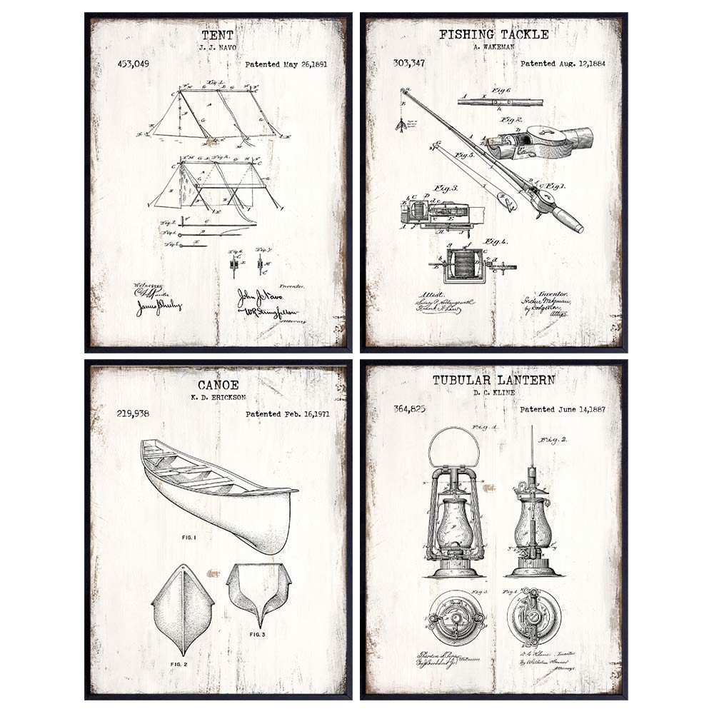 Camping Patent Print Set – Farmhouse Wall Art Decor for Adirondack Lake House – Rustic Retro Sign Plaque – Fishing Rod, Tent, Camp Lantern, Canoe – Vintage Gift for Bedroom, Living Room – Unframed