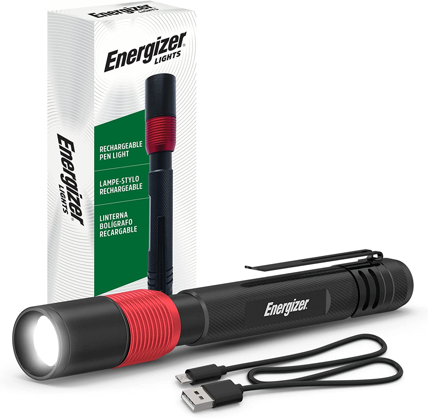 ENERGIZER X400 Rechargeable Pen Light, Water Resistant Mini Flashlight, Bright 400 Lumens LED Work Light for Mechanic Tools (USB Cable Included)