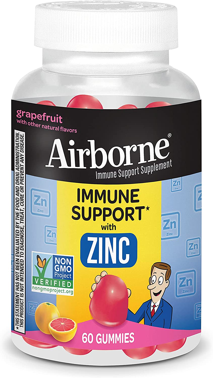 Airborne Zinc Gummies, Chewable Zinc Immune Support Supplement – Non-GMO Project Verified, Gluten & Gelatin Free – 60 Gummies, Grapefruit Flavor