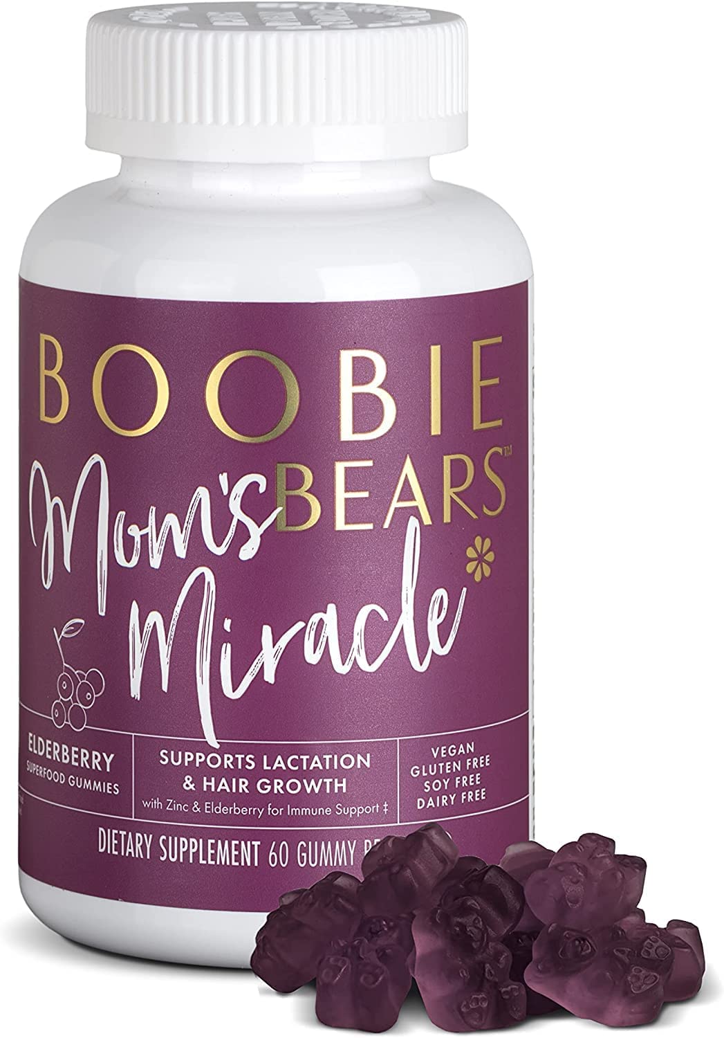 Boobie Bears Lactation Gummies, Lactation Supplement for Increased Breast Milk, Immunity Support, Postpartum Hair Loss, Superfood Breastfeeding Supplements with Moringa and Elderberry (60 Gummies)