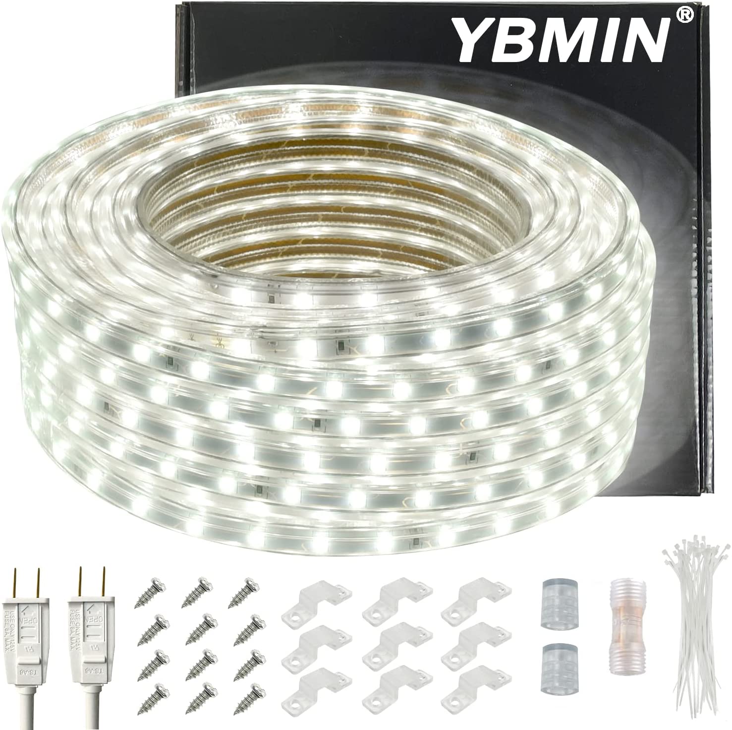 YBMIN LED Rope Light Outdoor Waterproof – 110V White 50ft Bright Cutable Lighting – Connectable Flexible Plug Clear Flat Lamp Tube – Indoor Garden Deck Patio Christmas Camping Holiday Decor Halloween