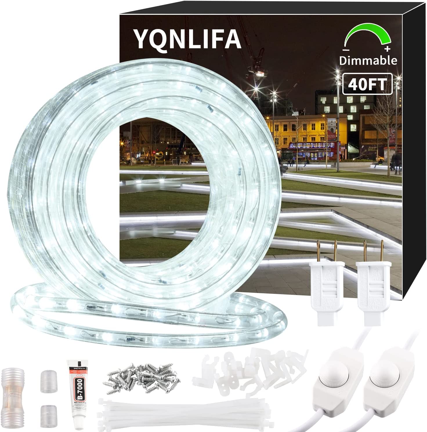 YQNLIFA Dimmable 40ft LED Rope Lights, 432 LEDs IP65 Waterproof Outdoor Indoor Linkable Cuttable Rope Light, 110V 6000K Daylight White Rope Light for Patio Garden Corridor Home Party Décor