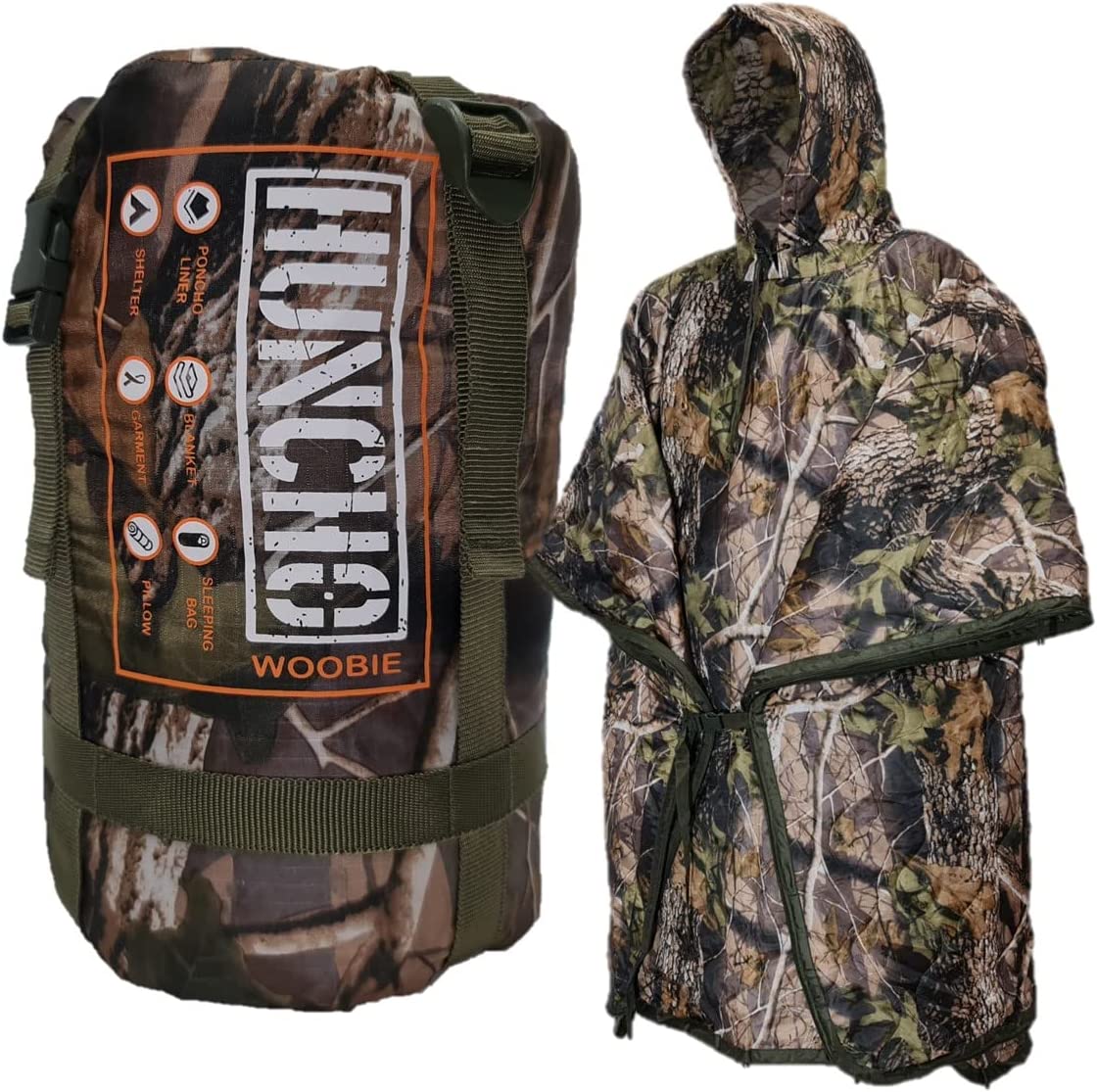 Woobie Poncho Liner for Rain Poncho for Men, Realtree Camouflage with Carry Pack – Camo Poncho Liner with Zipper, Large and Wide Hoodie, Tie Cords – Premium Hunting Gear