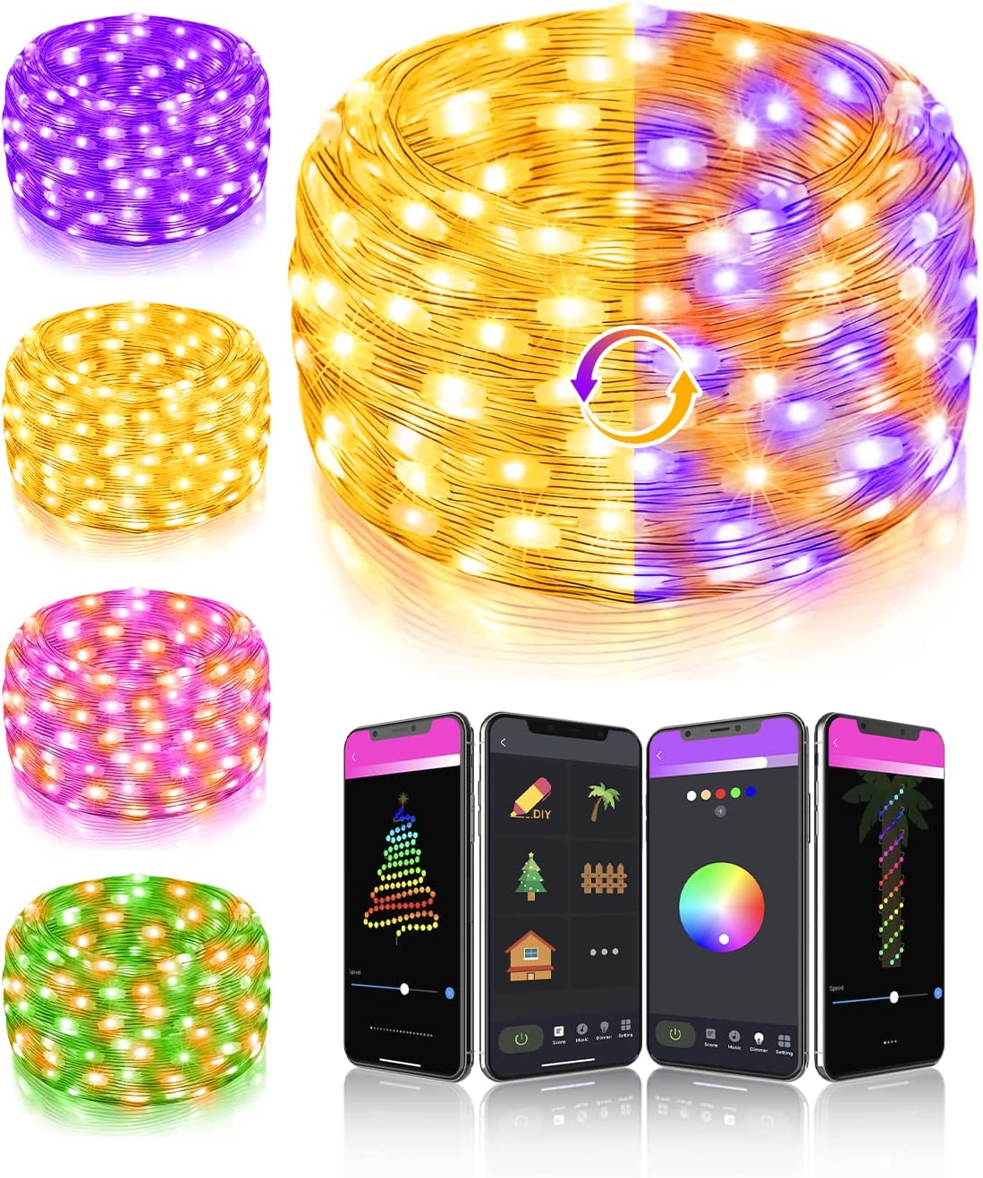 Rope String Lights Custom Modes – 16Ft Bluetooth App Control Christmas Lights RGB Color Changing Dimmble Twinkle Light Music Sync for Bedroom Wedding Patio Garden Holiday Tree Decor, NO Remote
