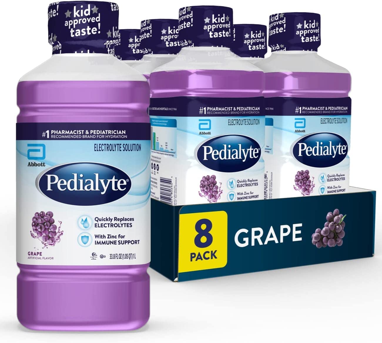 Pedialyte Electrolyte Solution, Grape, Hydration Drink, 8 bottles, 1 liter each