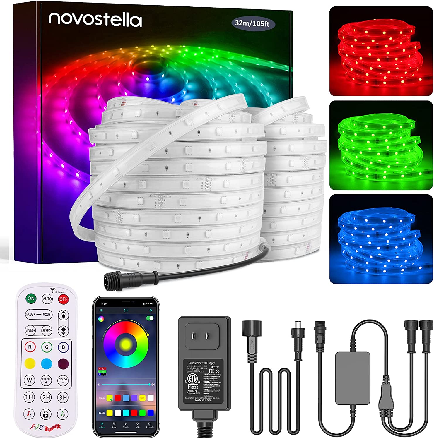 Novostella 105ft (52.5×2) Smart LED Outdoor Rope Light, Music Sync RGB Strip Lights, App Control and RF Remote Color Changing Dimmable Tape Exterior Lighting Kit, for Garden Stairs Party, 24V IP65