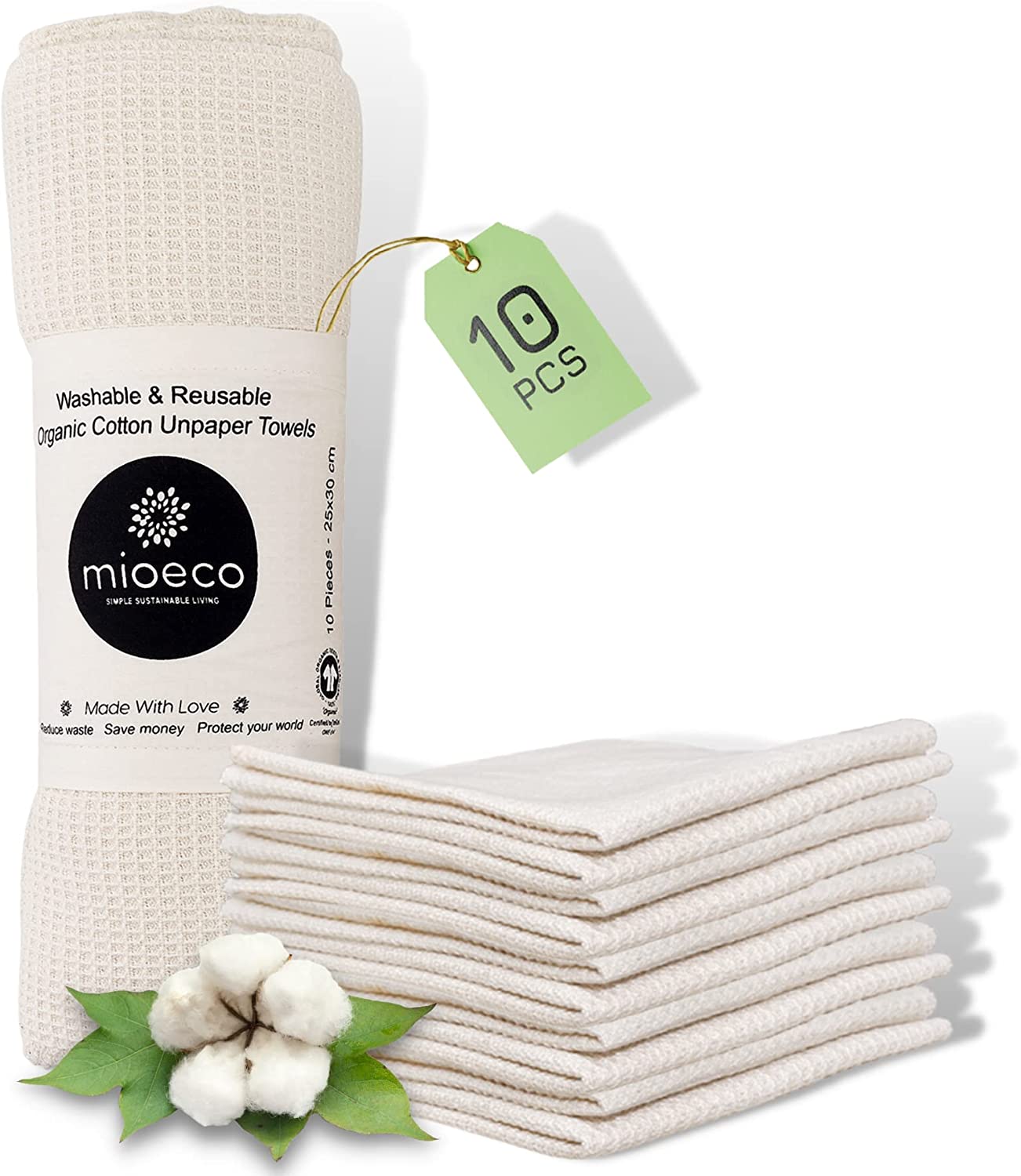 Mioeco 10 Pack Reusable Paper Towels Washable – Super Absorbent Natural Paper Towels – Organic Cotton Bamboo Alternative – Thick, Strong, Paperless Kitchen Dish Cloths – Reusable Napkins – Dish Towels
