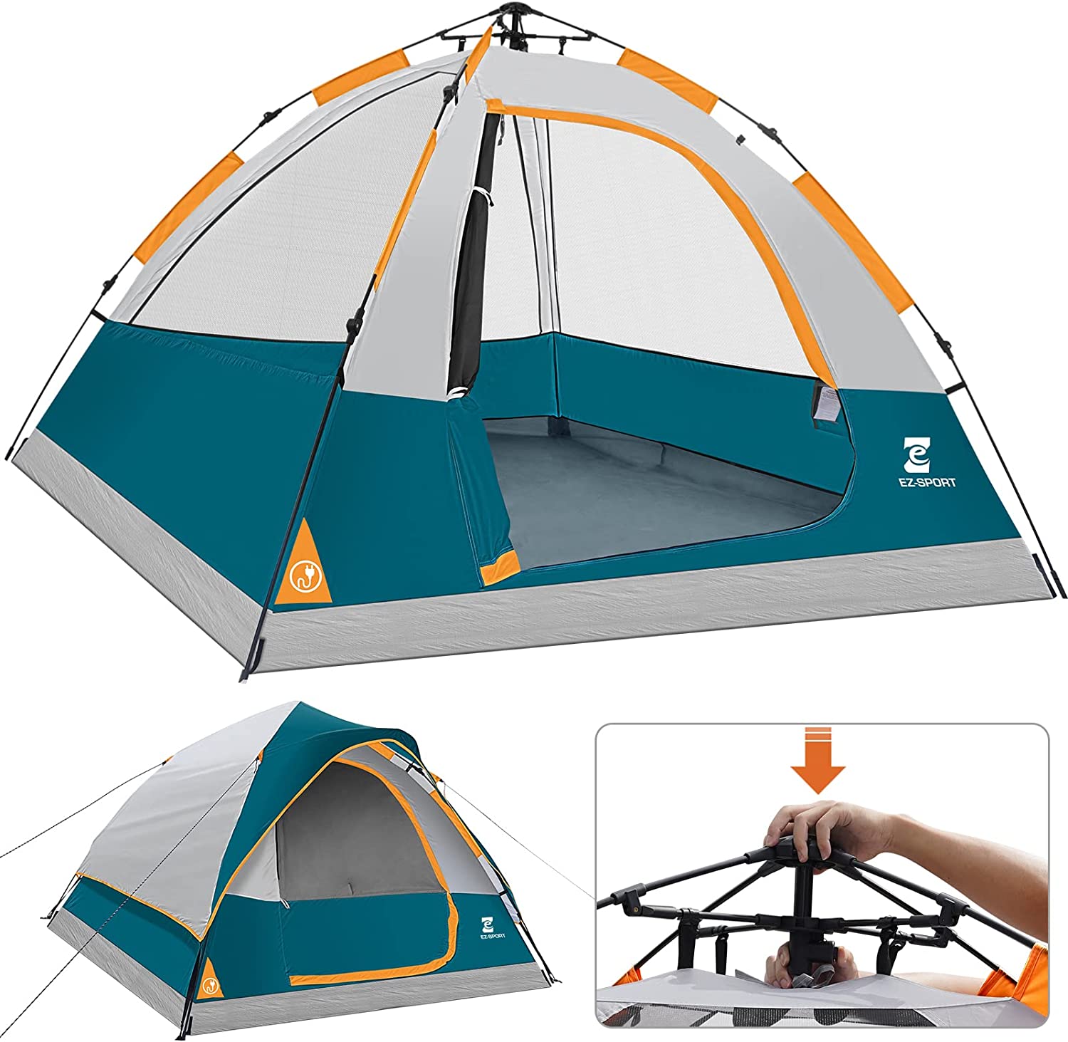 EZ-Sport Pop Up Camping Tent – 4 Person Instant Easy Set Up Family Tent with Removable Rain Fly, Waterproof Windproof Automatic Tent for Outdoor Camping Hiking Backpacking Traveling