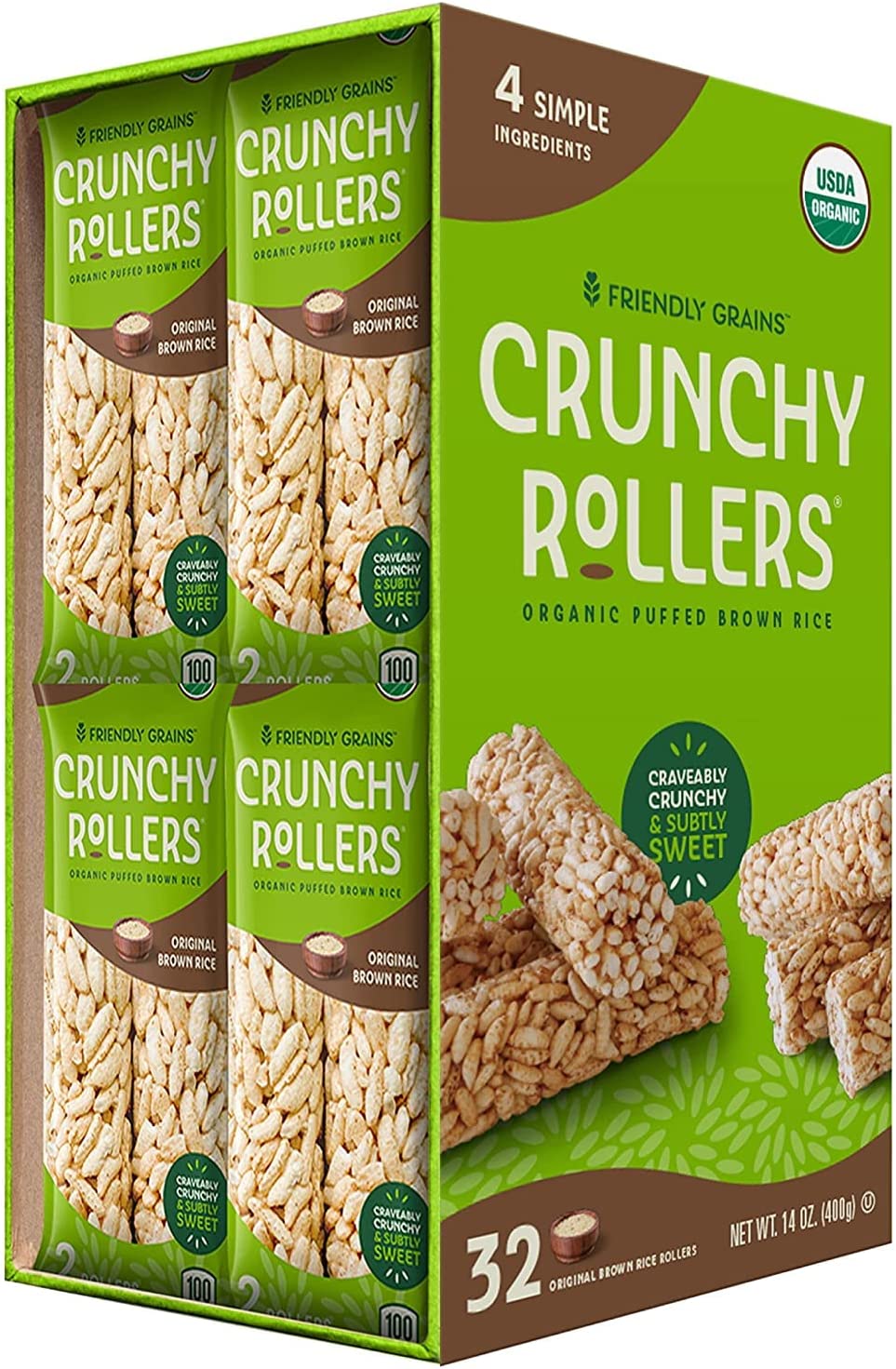 Friendly Grains – Crunchy Rollers – Organic Rice Snacks, Crispy Puffed Rice Rolls, Healthy Snack Rolls for Adults and Kids – Original Brown Rice (16 packs of 2)