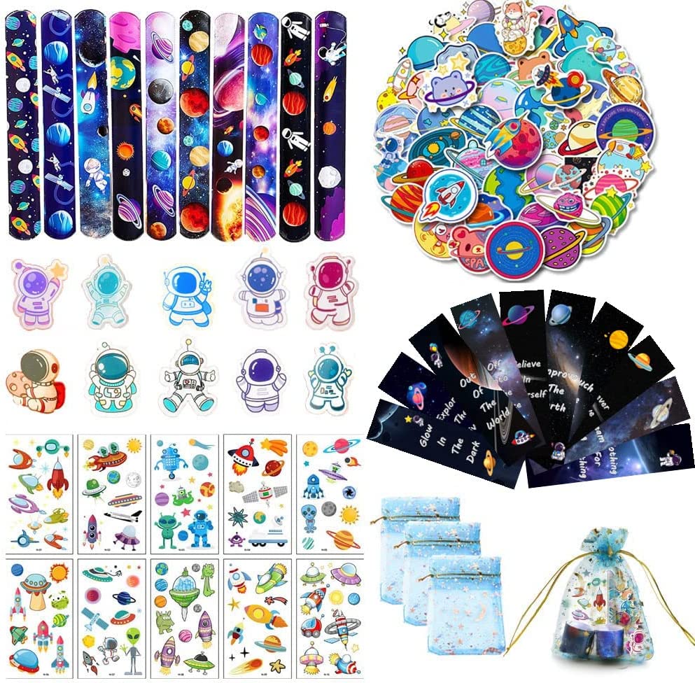 110Pcs Space Themed Party Supplies-Slap Bracelets Tattoo Stickers Badges Bookmarks For Baby Shower Return Gifts Solar System Planets Astronaut Toys Alien Birthday Party Favors Goodie Bags Stuffers
