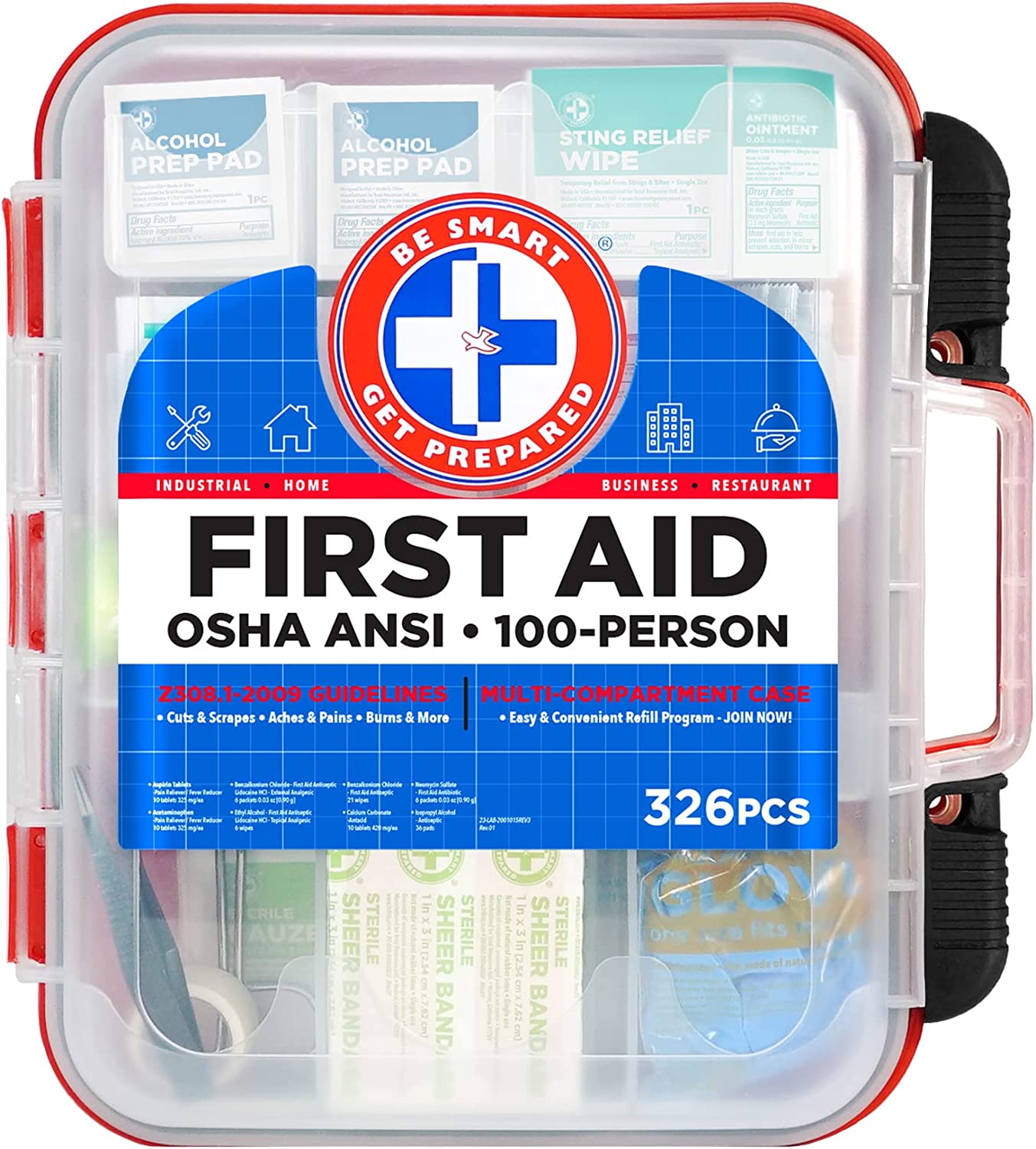 First Aid Kit Hard Red Case 326 Pieces Exceeds OSHA and ANSI Guidelines 100 People – Office, Home, Car, School, Emergency, Survival, Camping, Hunting and Sports