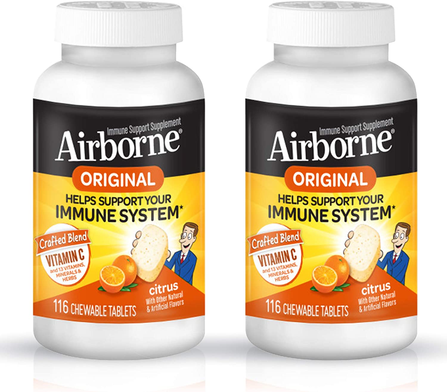 Airborne Citrus Chewable Tablets (116ct), Vitamin C 1000mg (per Serving), Gluten-Free Immune Support Supplement, with Vitamins A C E, ZINC, Selenium, Echinacea & Ginger, Antioxidants (Pack of 2)