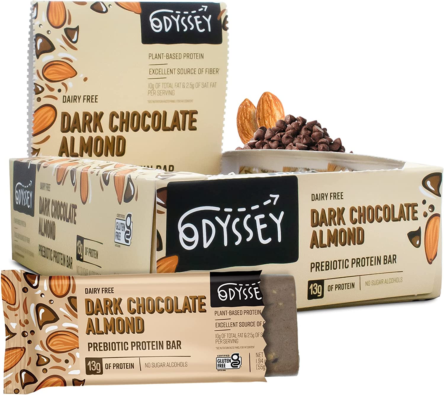 Odyssey Snacks, Dark Chocolate Almond Prebiotic Protein Bars, 12 Pack, 13g of Plant Protein, Healthy Gluten Free Protein Snacks, Fast Breakfast, Snack Food Replacement for Kids, Adults with Superfood