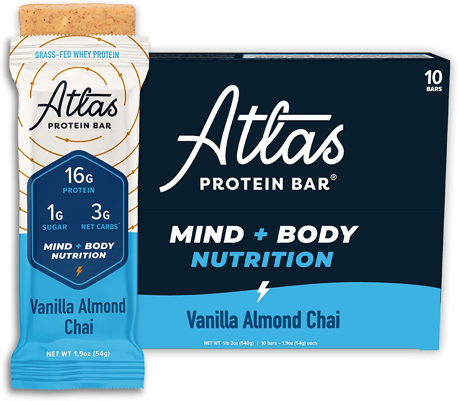 Atlas Protein Bar, Meal Replacement, Keto-Friendly Snack, Grass-Fed Whey, Organic Ashwagandha, Low Sugar, Low Carb, Gluten Free, 10 pack, Vanilla Almond Chai