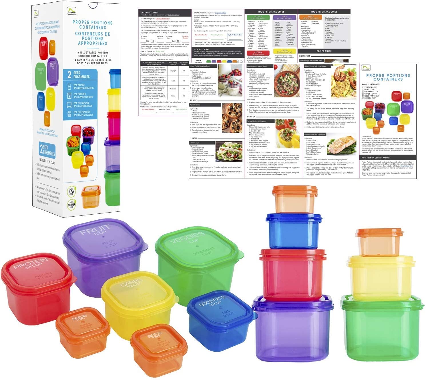 Home Spirit Proper Portions Containers for Weight Loss for Adults, 21 Day Diet and Food Plan, Bariatric Portion Control Cups, 2 Sets of 14 Containers, Sized for Daily Calorie Intake 2pk