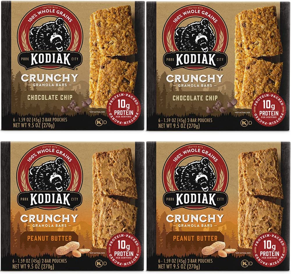 Kodiak Cakes Crunchy Granola Bar Variety Pack – Peanut Butter (2 boxes) and Chocolate Chip (2 boxes) High Protein Granola Bar Snack – 100% Whole Grain Granola Bars Bulk – (24) Total Pouches