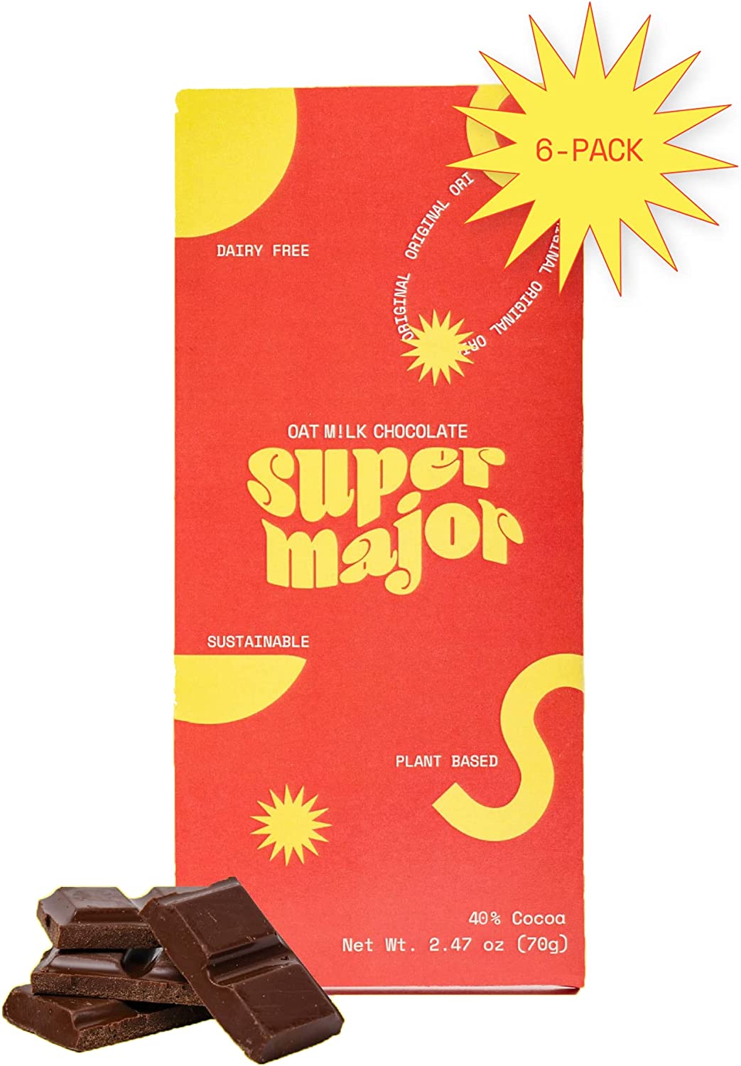 SuperMajor Snacks Oat Milk Chocolate Bars (6-Pack), Dairy Free Chocolate & Vegan Chocolate, Sugar Free Candy Vegan Kosher Snacks, Valentines Day Chocolate | Healthy Snacks for Kids & Adults