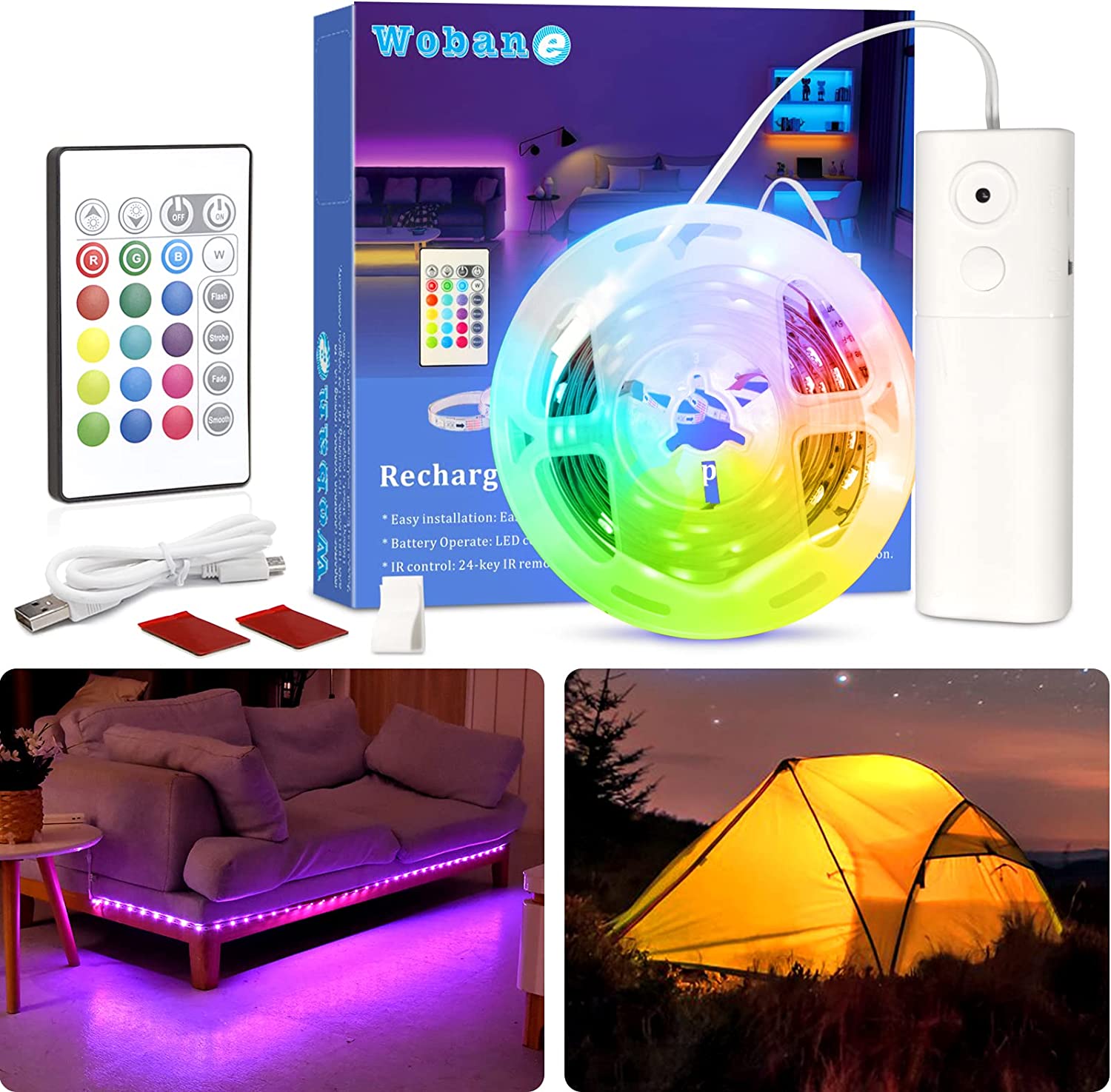WOBANE Rechargeable LED Strip Light, 2000mAH Battery Powered Color Changing Strip Light, 6.56ft RGB Rope Light with Remote, Colorful Light for Party,Shelf,Sofa,Desk,Game,Holiday,Indoor Decoration
