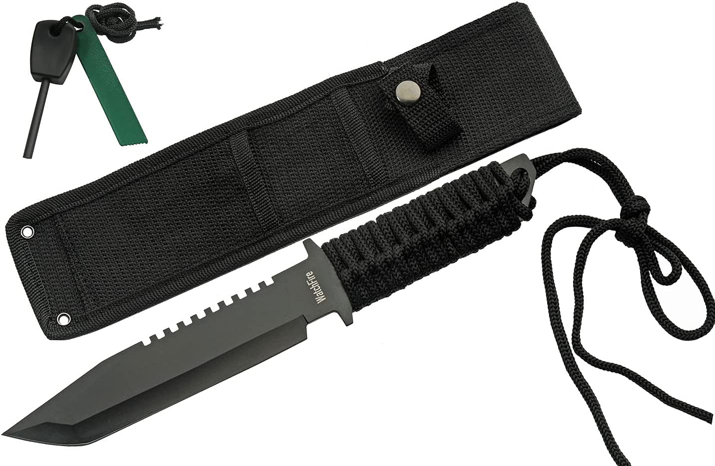 SZCO Supplies 11” Nylon Wrapped Tanto Blade Survivor Knife with Fire Starter and Sheath, Black, (211551)