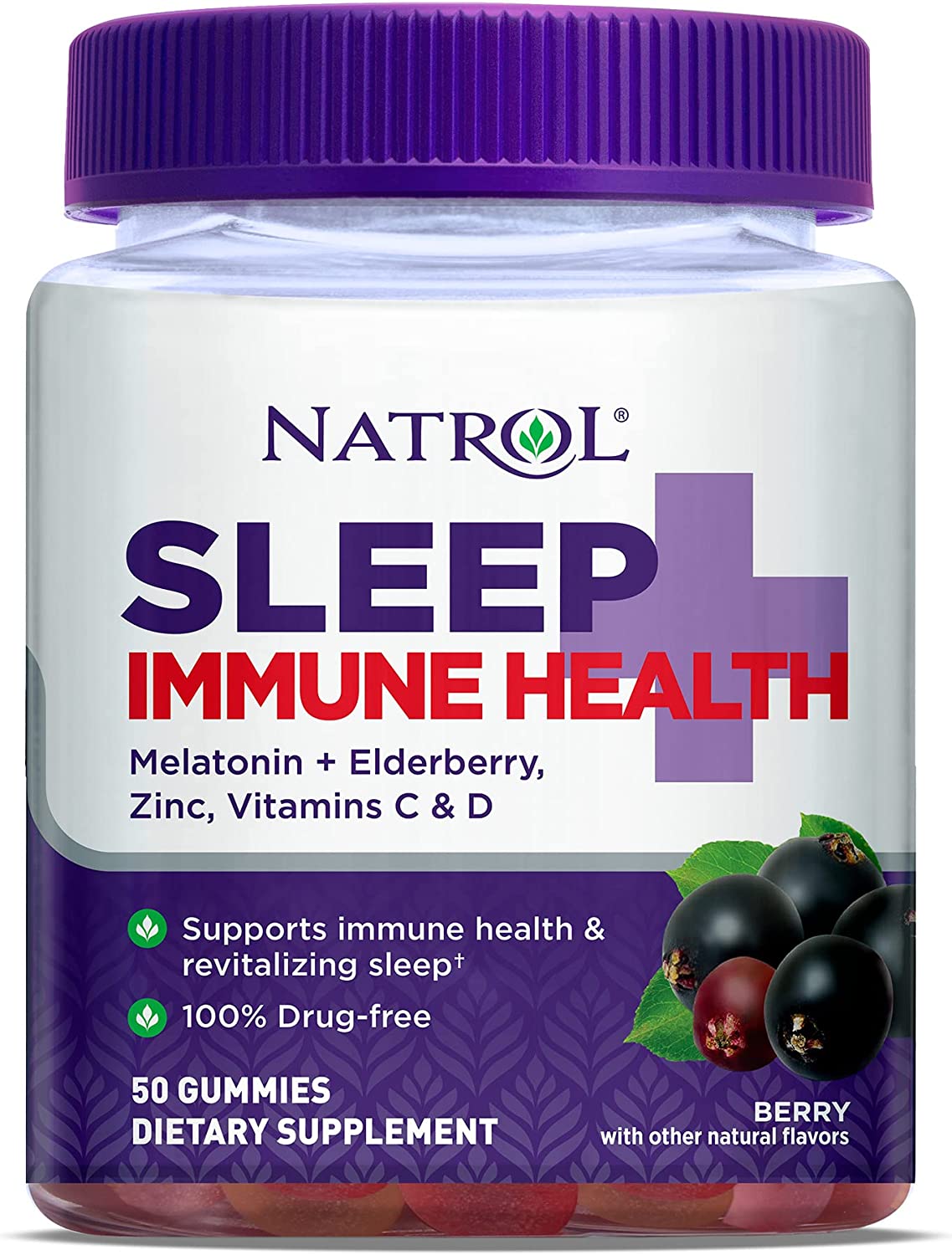 Natrol Sleep+ Immune Health Gummy, Sleep Aid & Immunity Support, Elderberry, Vitamins C, D and Zinc, Drug Free, 50 Berry Flavored Gummies