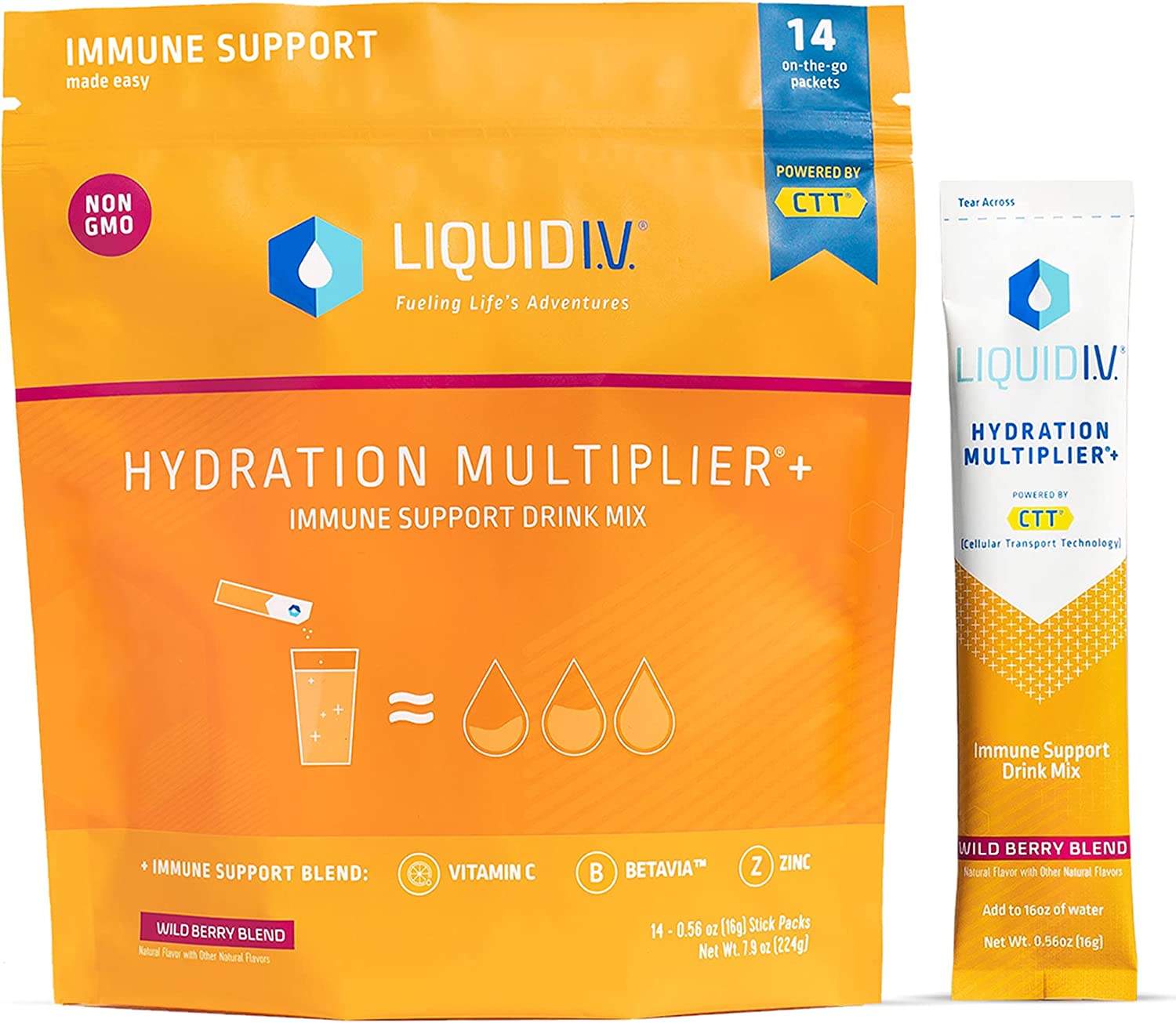 Liquid I.V. Hydration Multiplier + Immune Support – Wild Berry Blend – Hydration Powder Packets | Contains Vitamin C, B3, B5, B6, B12, Zinc, & BetaVia | Gluten-Free, Dairy-Free & Soy-Free – 14 Sticks