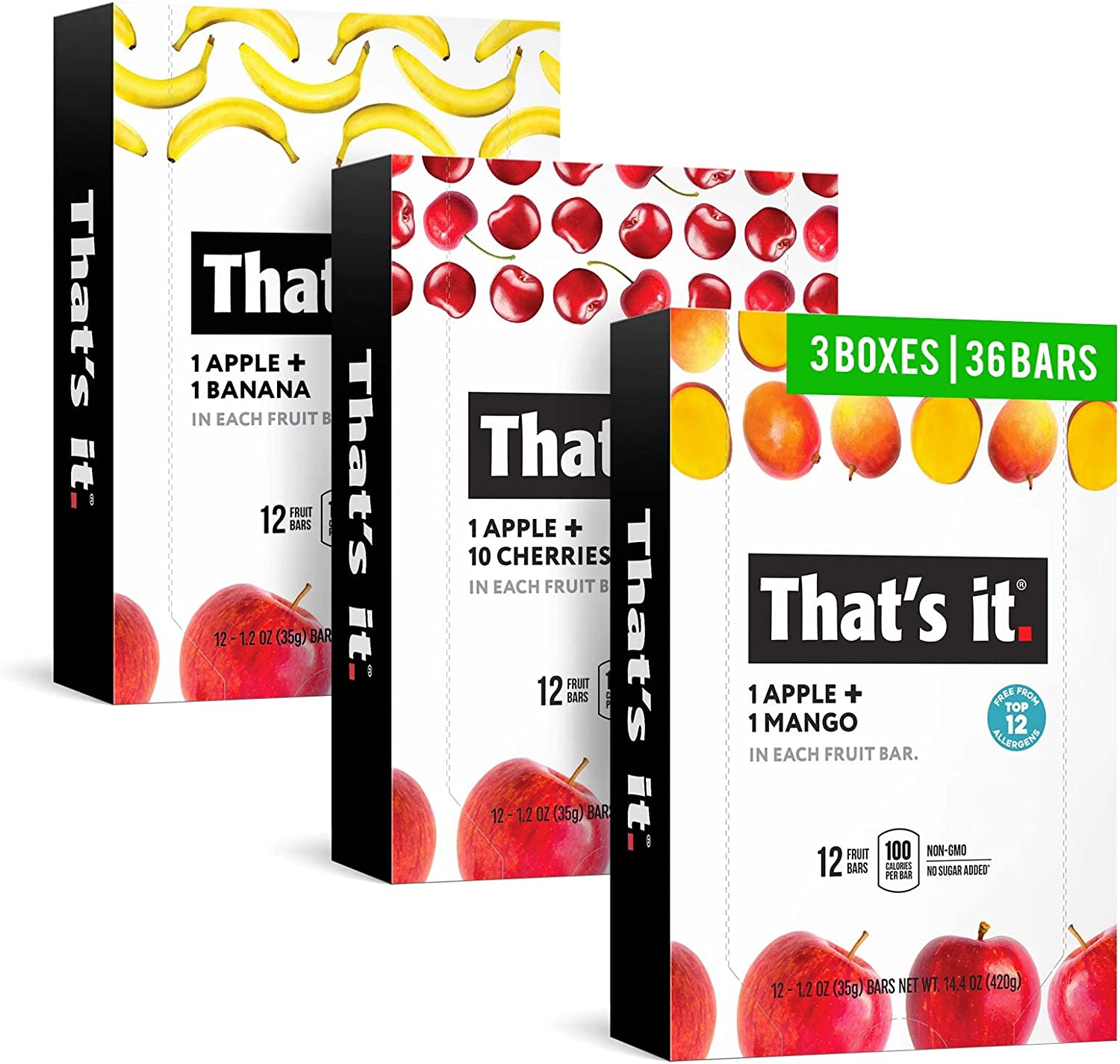 That’s it. Variety, 100% Natural Real Fruit Bar, High Fiber Vegan, Gluten Free Healthy Snack, Paleo for Children & Adults, Non GMO No Added Sugar, (Mango, Cherry, Banana) (36 Pack)