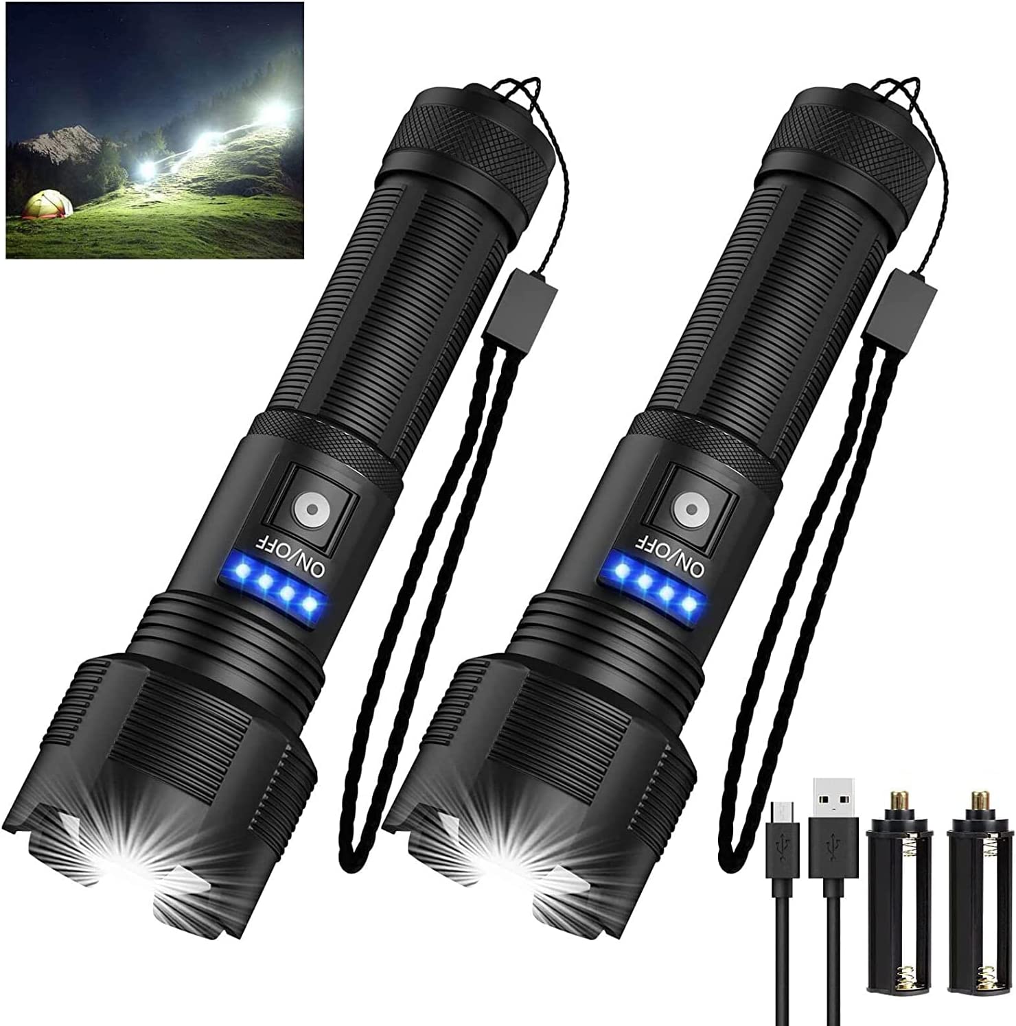 Flashlights High Lumens Rechargeable, 8000 Lumens Super Bright LED Tactical Flashlight IPX4 Waterproof Flash Light, Zoomable, 5 Modes, Powerful Handheld Flashlight for Camping Emergency(xhp50-2)