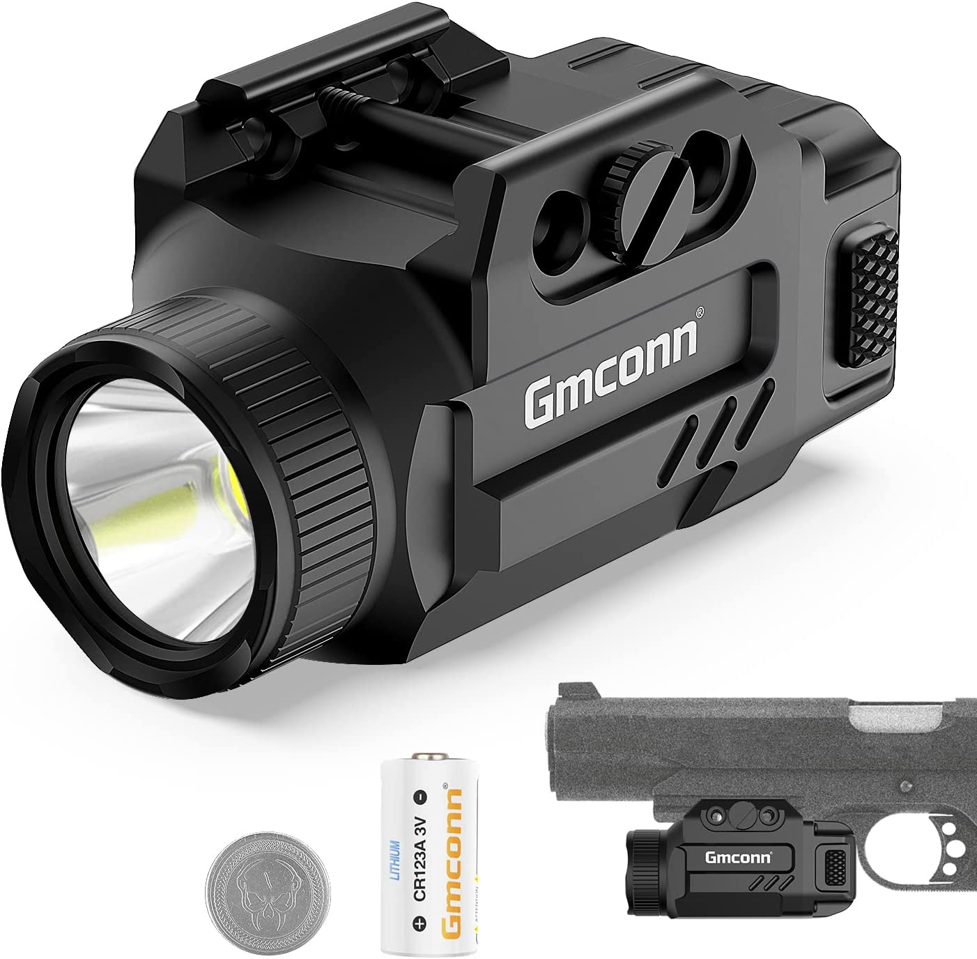 Gmconn Tactical Flashlight Pistol Light Rail Mounted 600 Lumens Small Size Weapon Lights with Strobe Function for Handgun Fits Picatinny MIL-STD-1913 (Black)