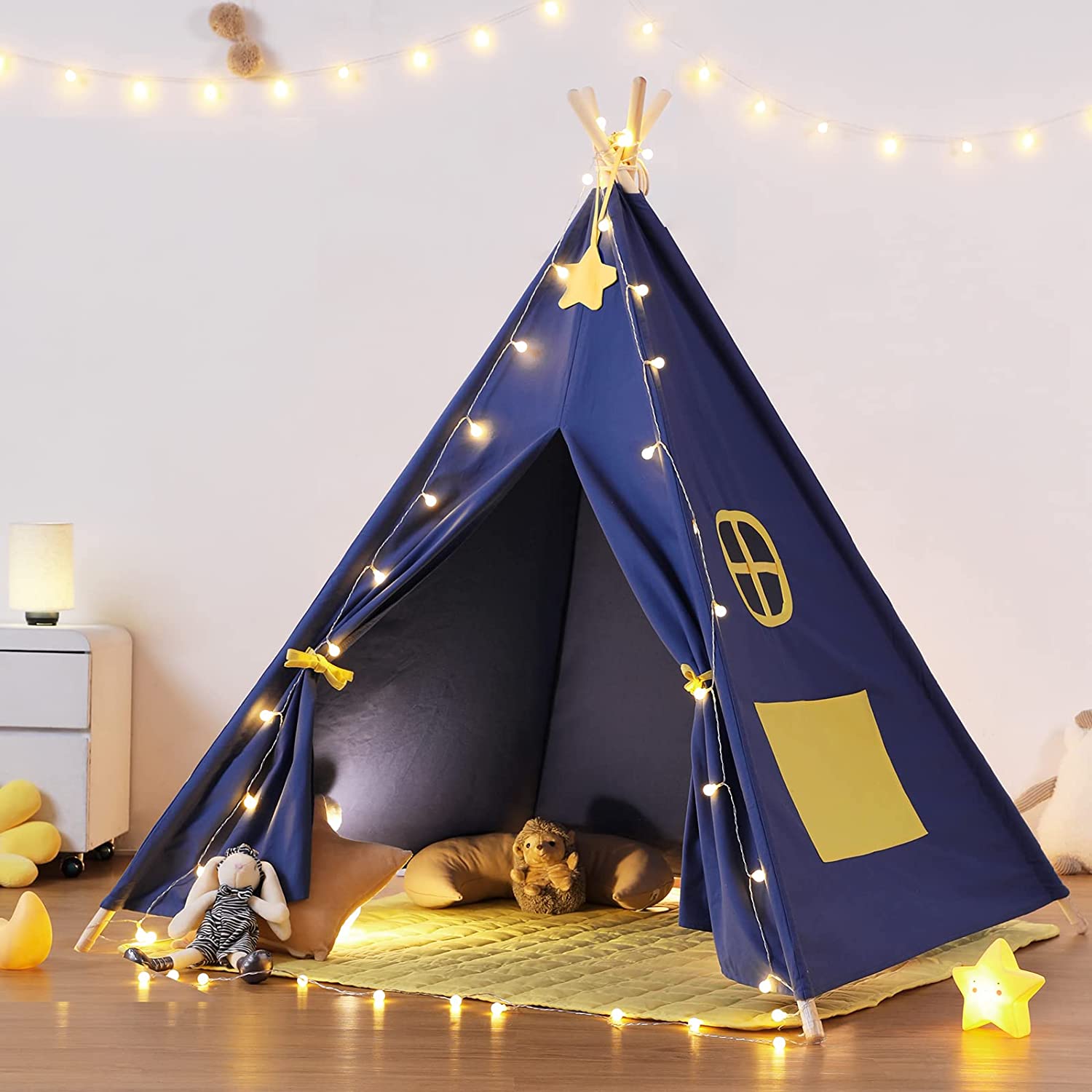 besrey Kids Teepee Tent, Boys Teepee Indoor, Room Tipee Tent Indoor, Child Toddler Reading Tent Large, Cotton Canvas Play Tent with Padded Mat and String Lights, for Boys and Girls (Blue)