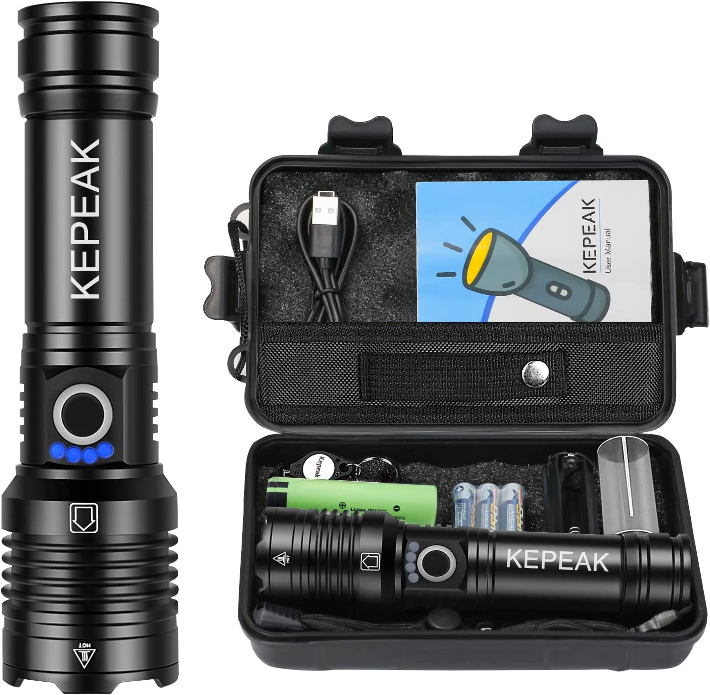 KEPEAK Flashlight High Lumens Rechargeable, 10000 Lumens LED Flash Light, Tactical Handheld Flashlights Super Bright, Zoomable, 5 Modes & Mode Memory, Water Resistant for Emergency Camping Hiking