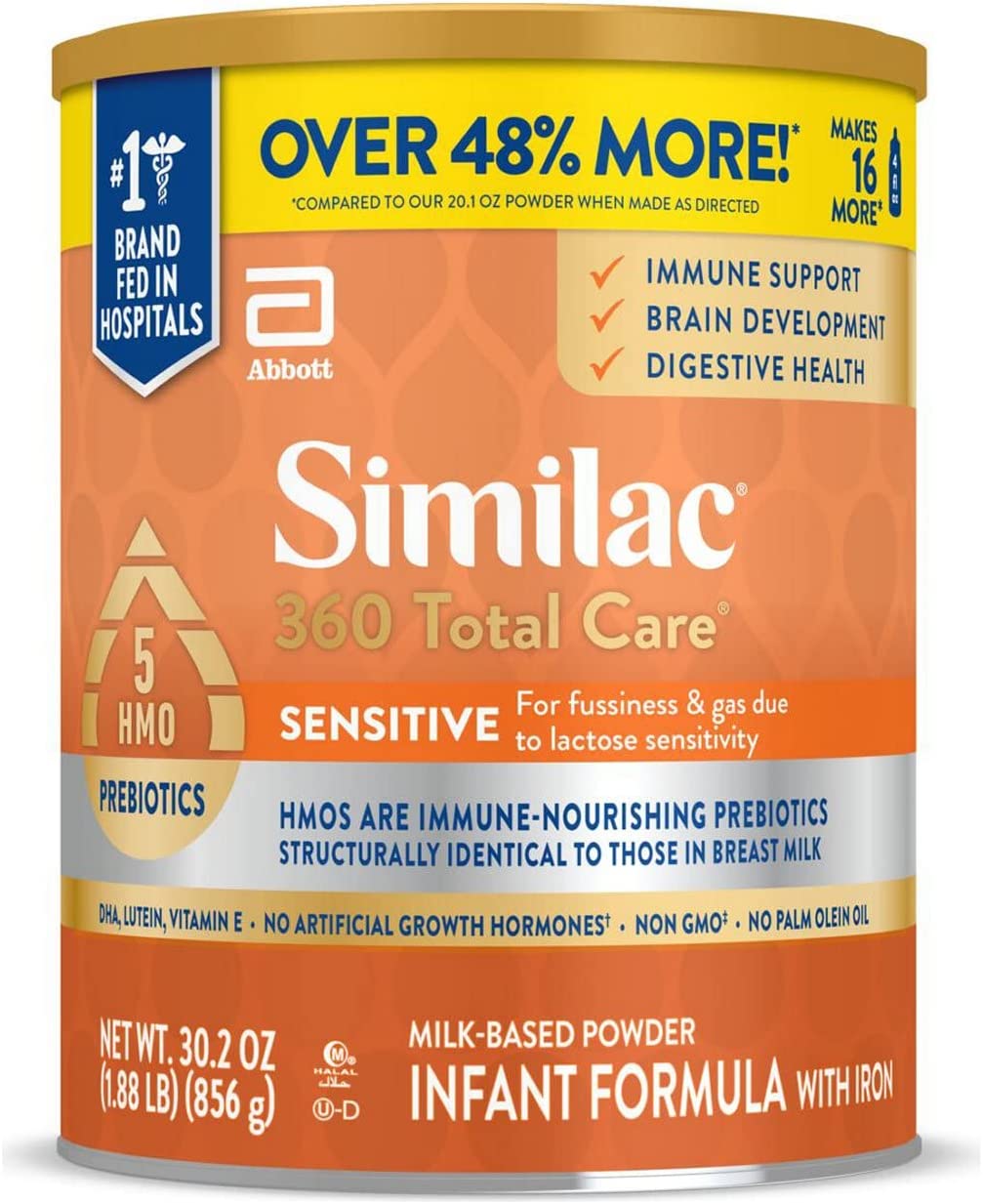 Similac 360 Total Care Sensitive Infant Formula, with 5 HMO Prebiotics, for Fussiness & Gas Due to Lactose Sensitivity, Non-GMO, Baby Formula Powder, 30.2-oz Can (Case of 6)