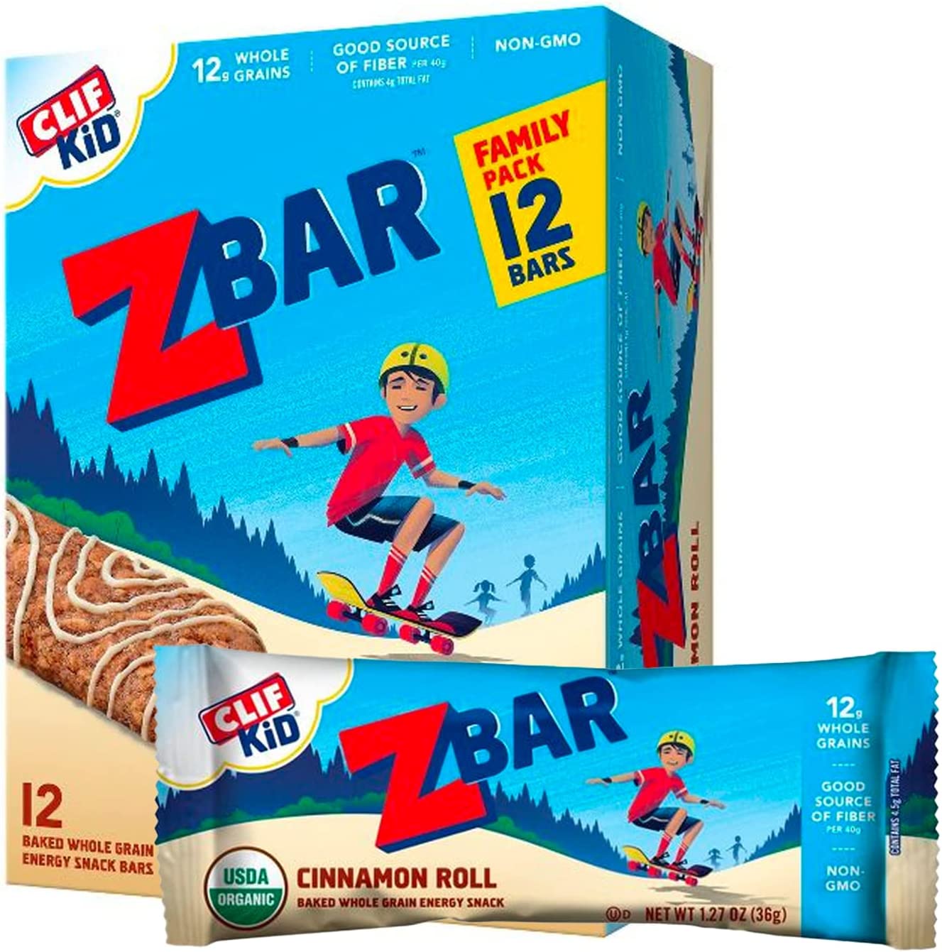 CLIF KID- Cinnamon Roll ZBar, Whole Grain Food Bar, Great Snack for Kids, Made with USDA Organic Ingredients, Good Source of Fiber, Chewy Texture, Fresh-Baked Flavor, Non-GMO (12 Pack)
