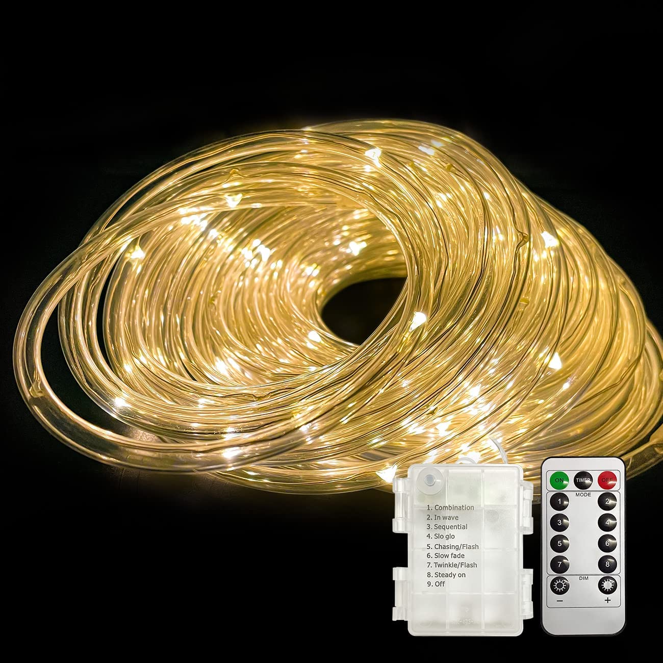 LED Rope Lights Battery Operated 8 Modes Timer Fairy String Lights with Remote,40Ft 120 LEDs Outdoor Tube Light Waterproof for Christmas Bedroom Patio Pool Garden Boat Camping Décor (Warm White)