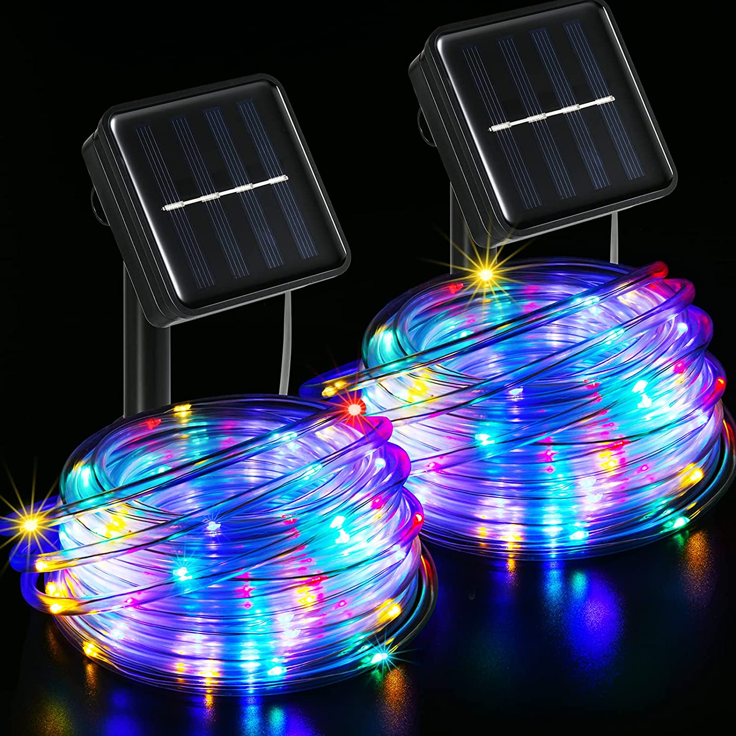 Colorful Solar Rope Lights Outdoor Waterproof, 2 Pack Each 33Ft 100 LED Christmas Lights Solar Powered 8 Modes PVC Tube Fairy String Lights Multicolor for Garden Yard Party Tree Home Christmas Decor