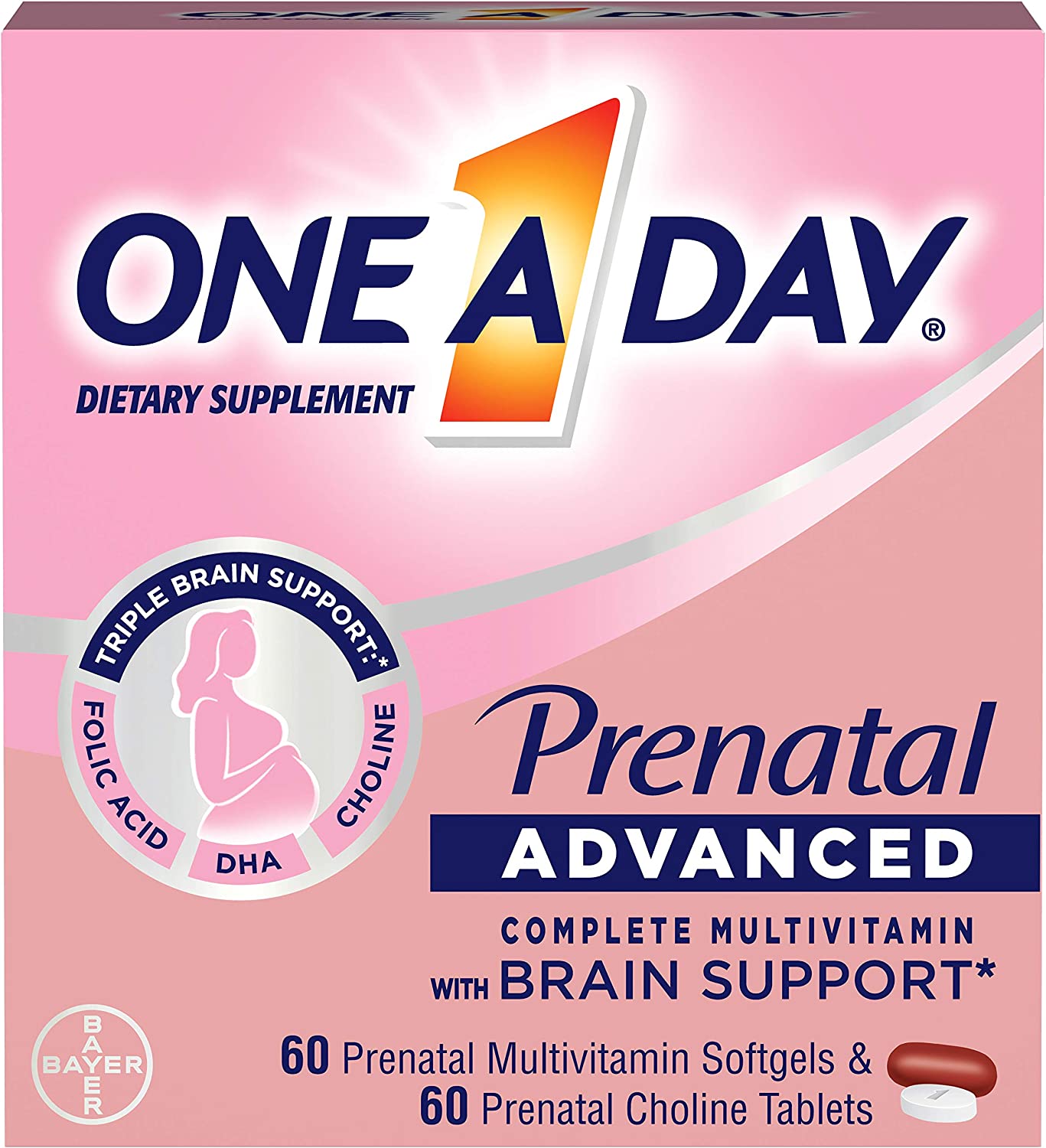 One A Day Women’s Prenatal Advanced Complete Multivitamin with Brain Support* with Choline, Folic Acid, Omega-3 DHA & Iron for Pre, During and Post Pregnancy, 60+60 Count (120 Count Total Set)