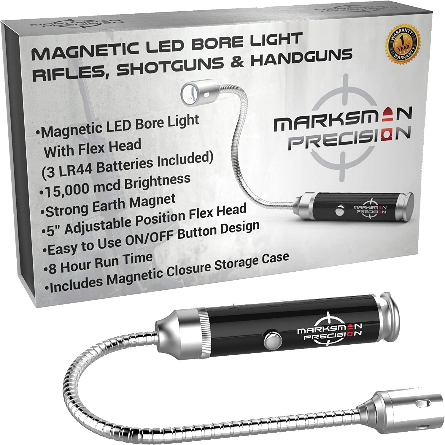 Marksman Precision Magnetic LED Bore Light – Hunting Shooting Rifle Pistol Handgun Shotgun Tactical – 5 Inch Flex Head – Bright 15,000 mcd – 8 Hour Run Time – Aluminum Barrel – Protective Storage Case