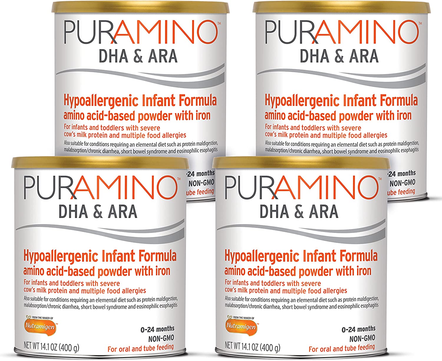 PurAmino Hypoallergenic Infant Drink, for Severe Food Allergies, Omega-3 DHA, Iron, Immune Support, Powder Can, 14.1 Oz (Pack of 4)