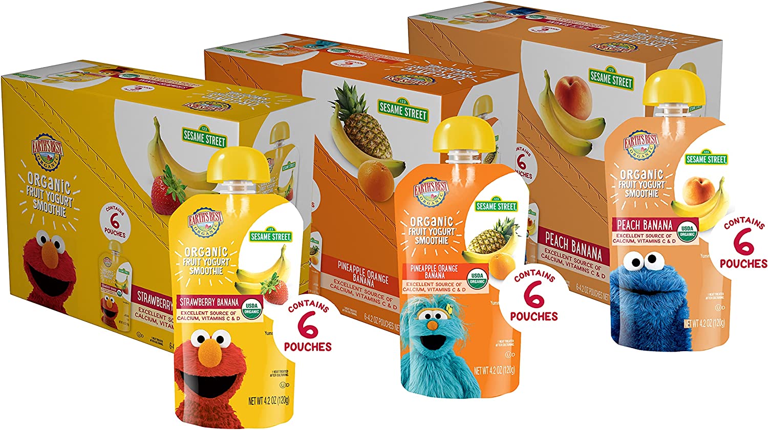 Earth’s Best Organic Kids Snacks, Sesame Street Toddler Snacks, Organic Fruit Yogurt Smoothie for Toddlers 2 Years and Older, Banana Smoothie Variety Pack, 4.2 oz Resealable Pouch (Pack of 18)