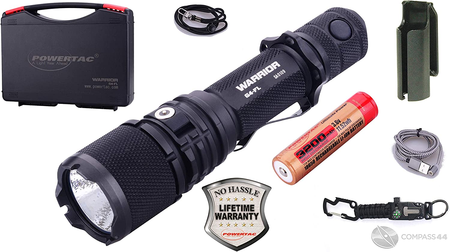 PowerTac Warrior G4-FL Wide Beam 4200 Lumen USB Rechargeable LED Police Duty Compact Powerful Tactical Flashlight Dual-Charging System Hard Shell Holster with Compass 44 8-in-1 Tactical Keychain