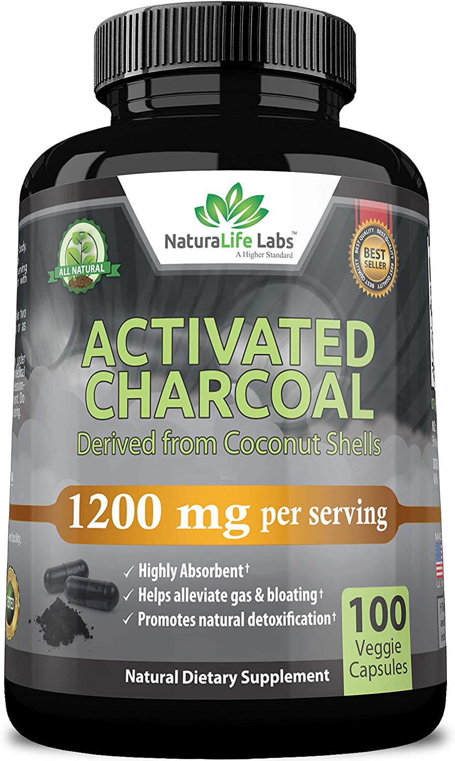 Activated Charcoal Capsules – 1,200 mg Highly Absorbent Helps Alleviate Gas & Bloating Promotes Natural detoxification Derived from Coconut Shells – per Serving – 100 Vegan Capsules