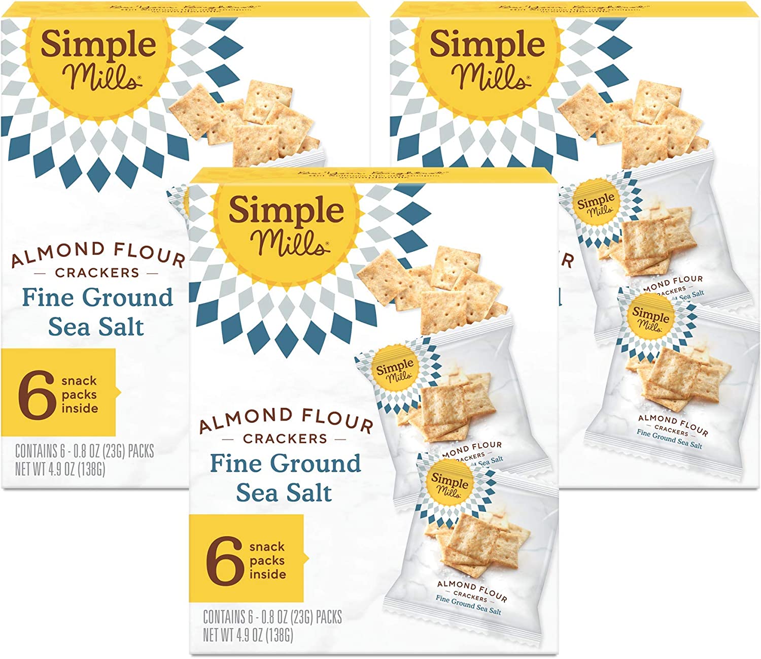 Simple Mills Almond Flour Crackers, Fine Ground Sea Salt Snack Packs – Gluten Free, Vegan, Healthy Snacks, 4.9 Ounce (Pack of 3)
