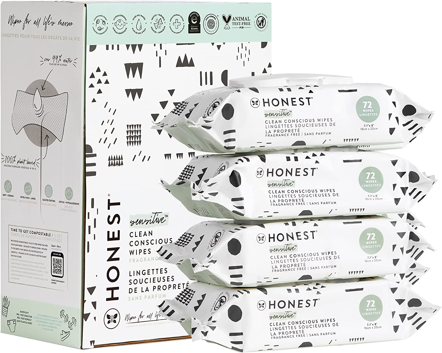 The Honest Company Clean Conscious Wipes | 100% Plant-Based, 99% Water, Baby Wipes | Hypoallergenic, Dermatologist Tested | Pattern Play, 288 Count