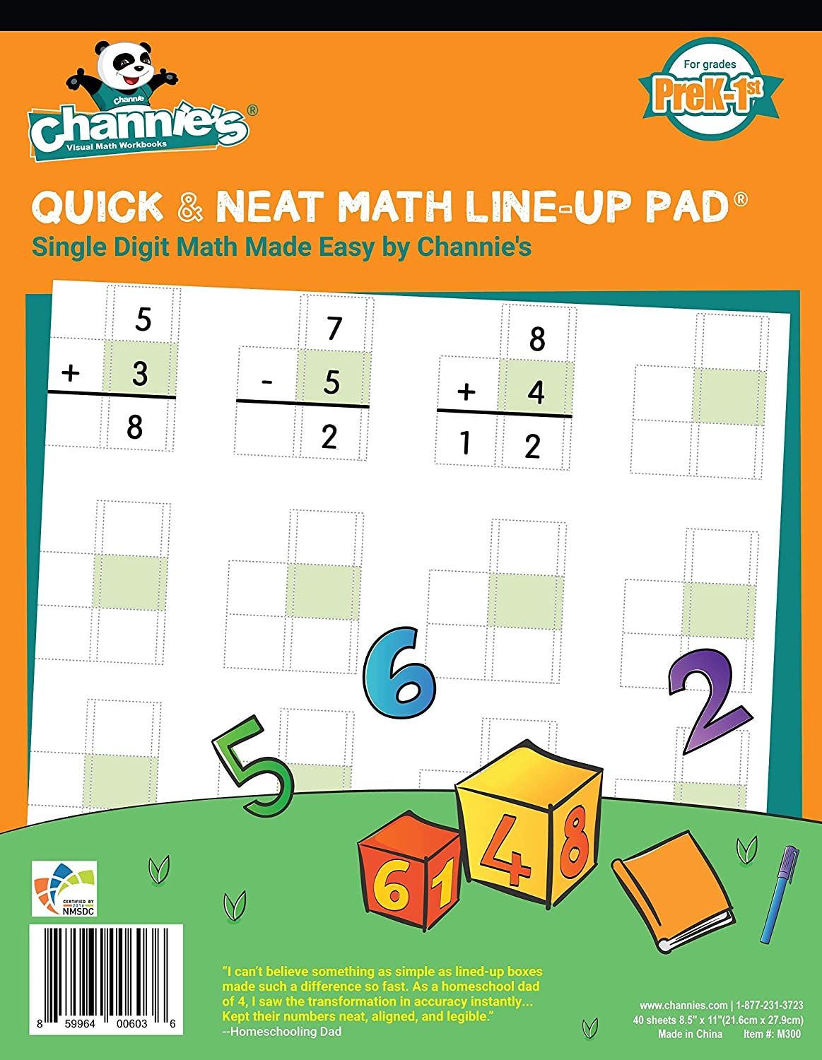 Channie’s Math Prek-1ST Grades, 80 Pages Strong Paper, 8.5" x 11" with Hardboard Back Lineup Pad Workbook Math Line-Up