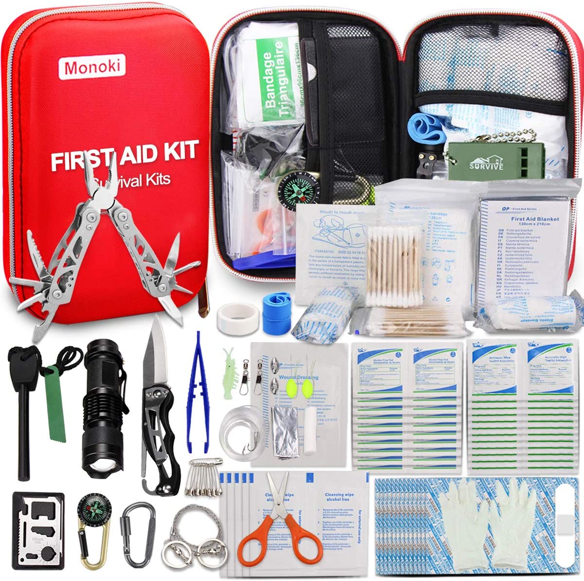 Monoki First Aid Kit Survival Kit, 241Pcs Upgraded Outdoor Emergency Survival Kit Gear – Safety First Aid Kit for Home Office Car Boat Camping Hiking