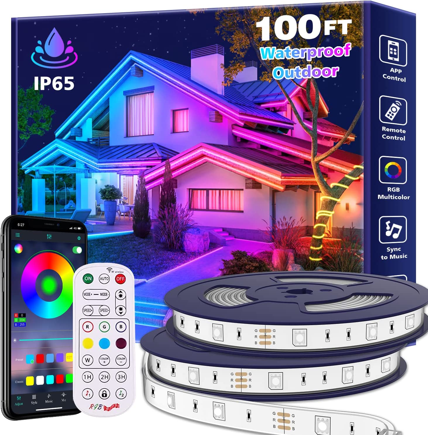 Aulimhti 100Ft Outdoor LED Strip Lights Waterproof,Music Sync RGB IP65 Outside Led Light Strips Waterproof with App and Remote,Exterior Led Rope Lights Waterproof for Deck,Balcony,Roof,Garden,Pool