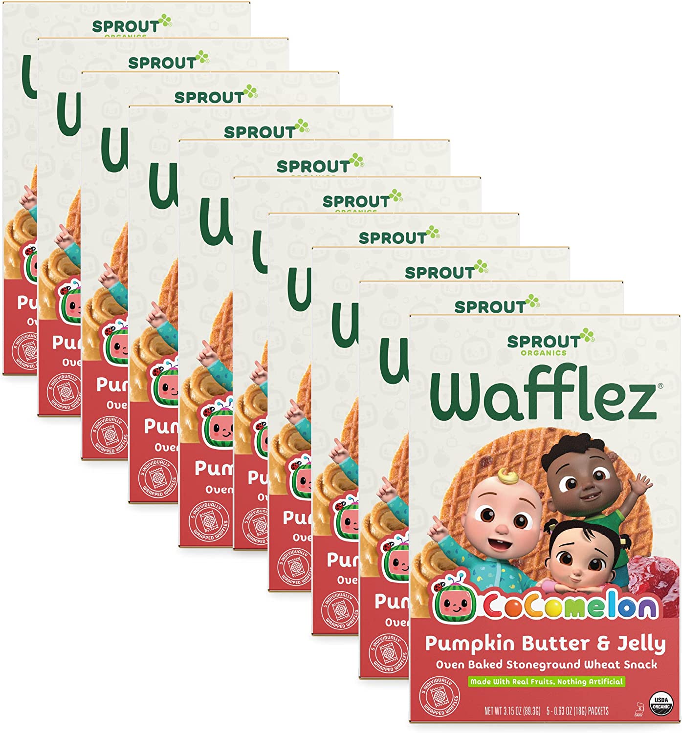 Sprout Organics, CoComelon Wafflez Toddler Snack, Pumpkin Butter & Jelly, 5 Individual Waffles 0.63 oz Each (10-boxes)