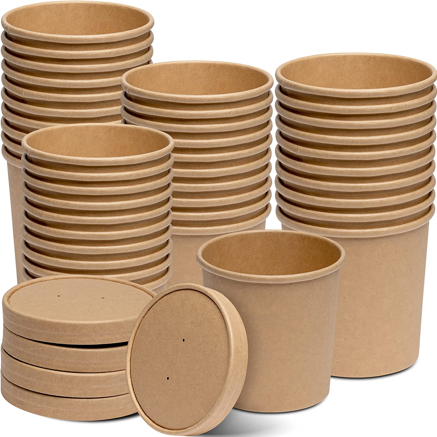 [50 Sets]16 oz. Paper Food Containers With Vented Lids, To Go Hot Soup Bowls, Disposable Ice Cream Cups, Kraft